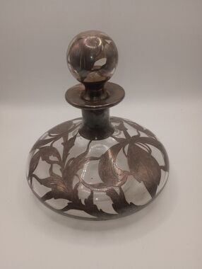 Vintage Glass Decanter with Ornate Silver Overlay